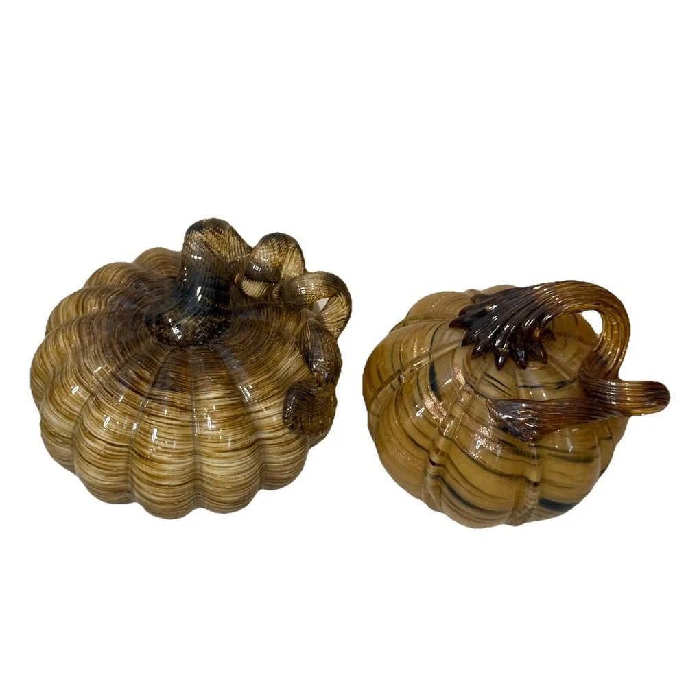 Lot of 2‎ Hand Blown Glass Pumpkins Amber Brown Swirl Fall Harvest Thanksgiving